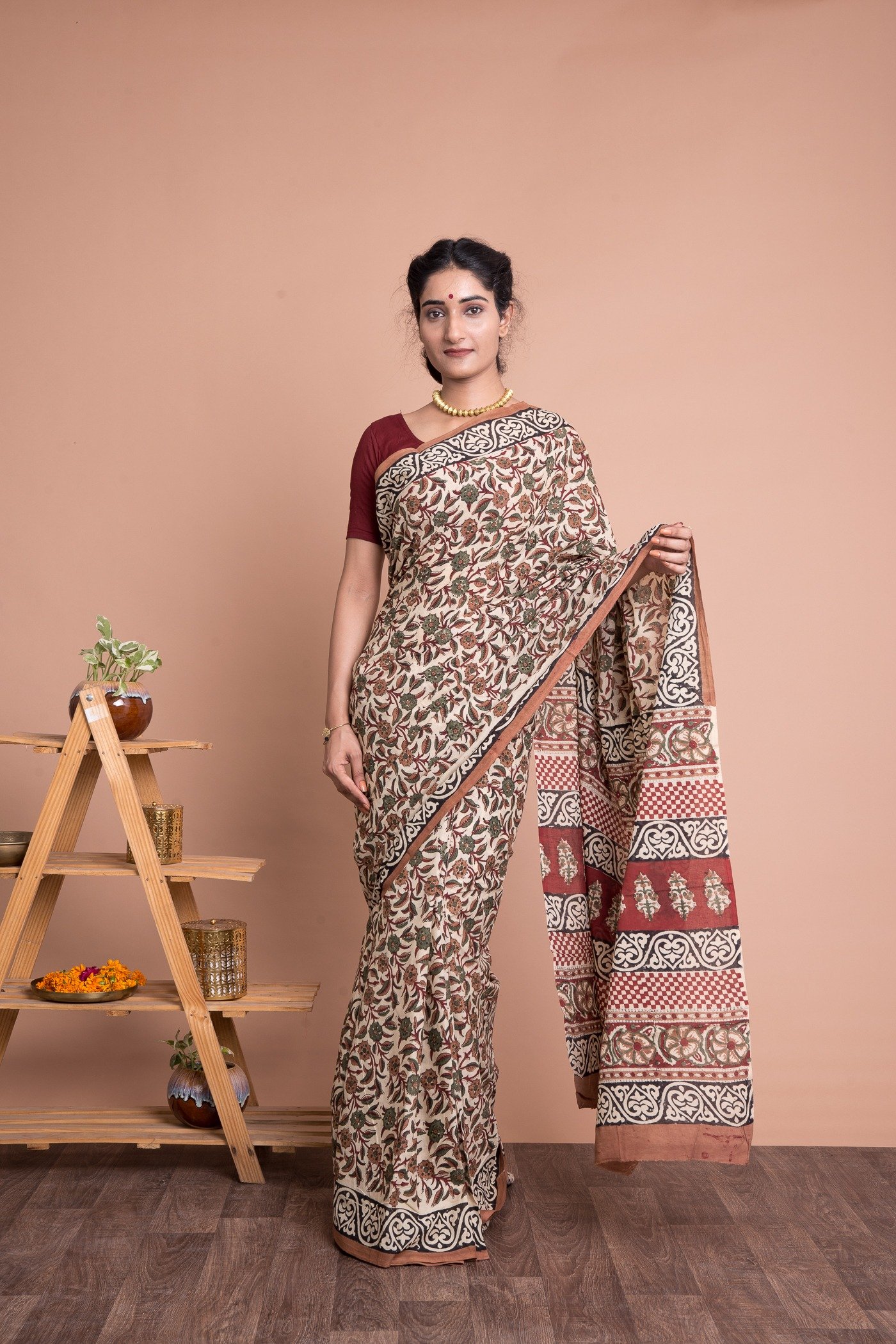 Brown batik-style paisley machine-print kalamkari cotton saree,contrast  paisley creeper border & kalamkari peacock pallu