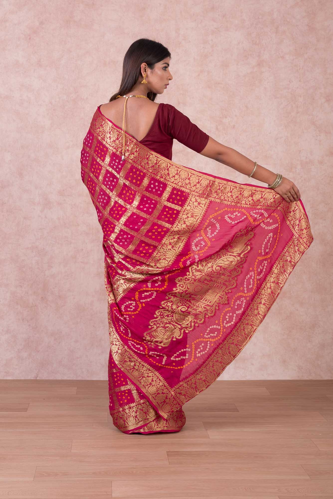 Rani Pink Banarasi Silk Saree in Pure Khaddi Chiffon - Mirra Clothing