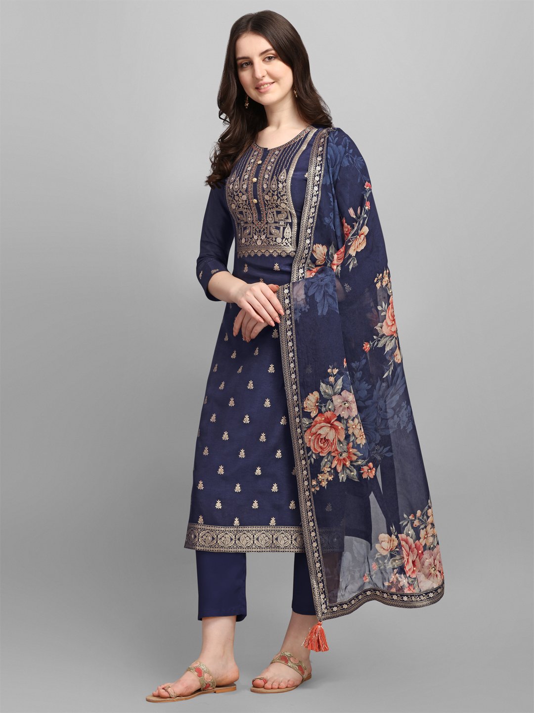 Blue Dola Jacquard Kurta set with shantoon pant and digital printed organza  dupatta and Zari Weaving All over