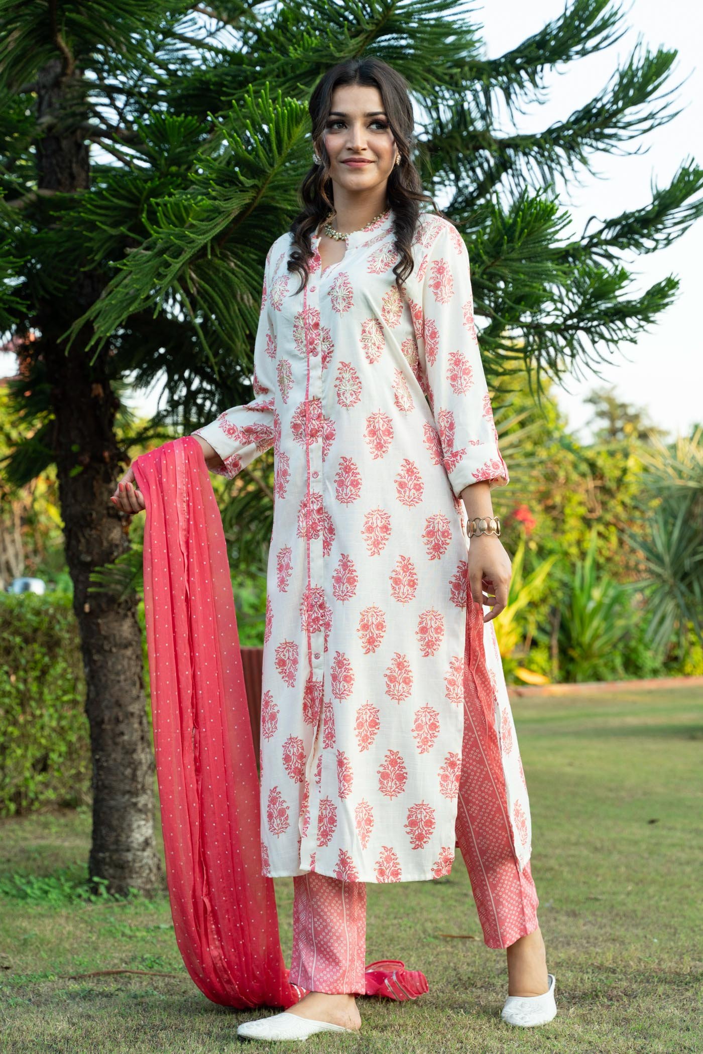 WHITE & PINK FLORAL COTTON KURTA